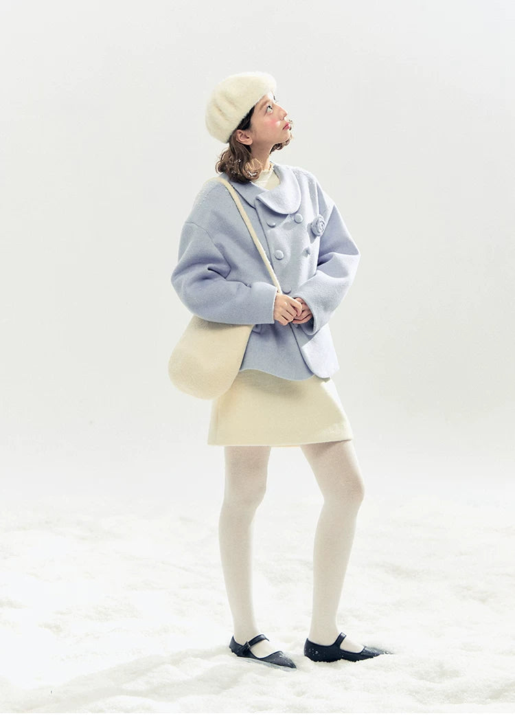 "Rose Manifesto" Frosted Blue Double-Breasted Quilted Wool-Blend Peacoat