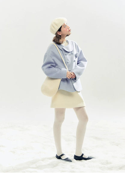 "Rose Manifesto" Frosted Blue Double-Breasted Quilted Wool-Blend Peacoat