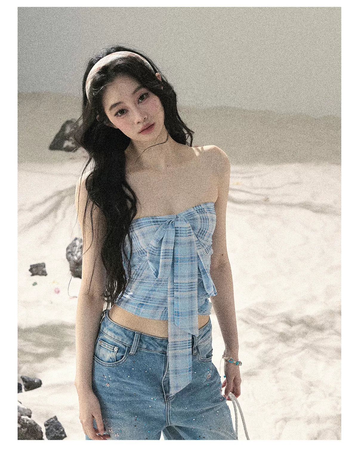 "Blue Danube Reverie" Mist Blue Bow Bandeau Crop Top & Cardigan Set 54638463