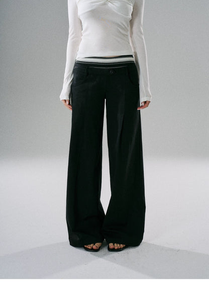 LOST FOREST - Khaki & Black Striped Wide-Leg Floor-Length Pants