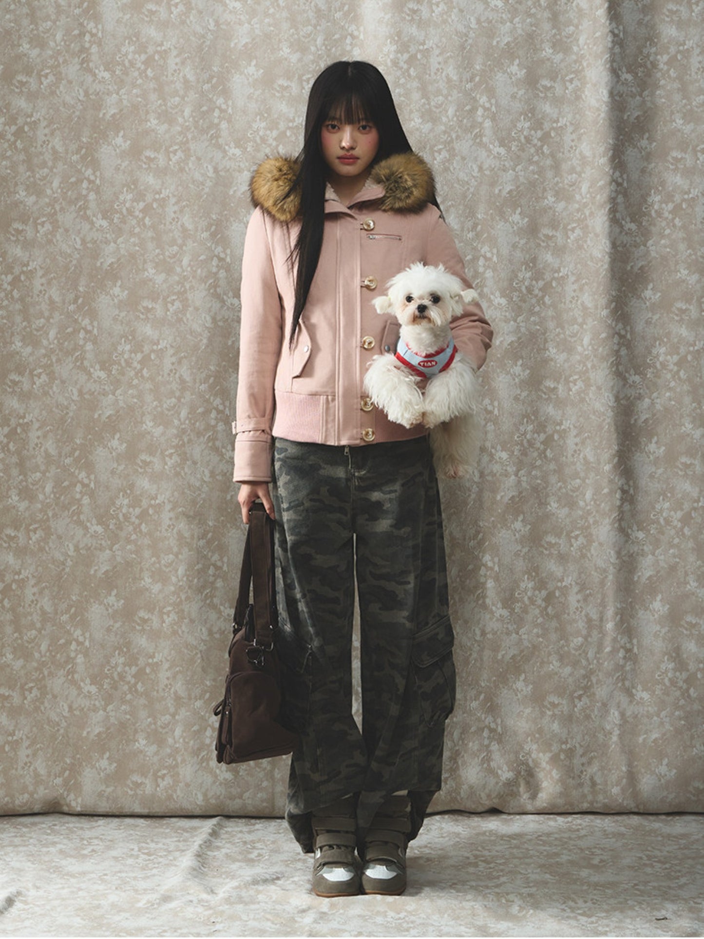 Soote Season - “Vintage Hourglass” Faux Fur–Lined Hooded Waist-Cinched Cotton Jacket - Cream Pink