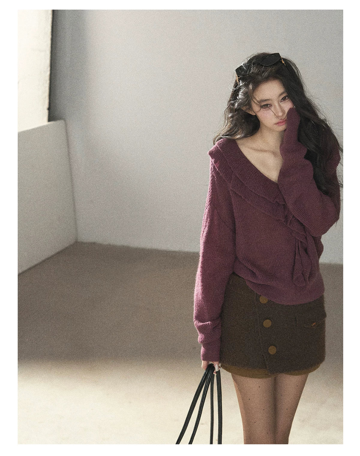 AOMALM - "A Softer Breath" Midnight Purple Ruffle V-Neck Sweater