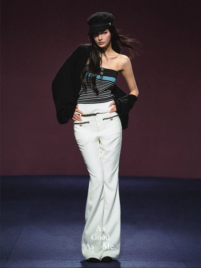 Ivory Contrast Belt Shimmer Knit Flared Pants