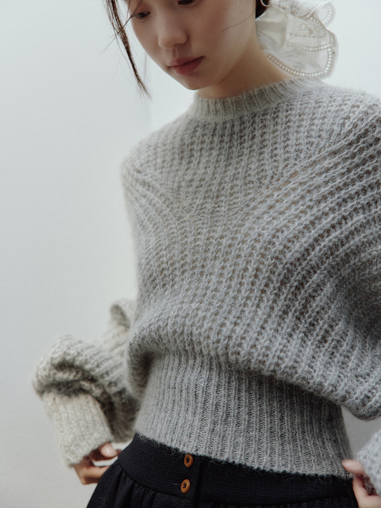 FUSSED Lazy Furry Mist Gray Wool & Baby Mohair Color-Block Sweater FOF-25SS133