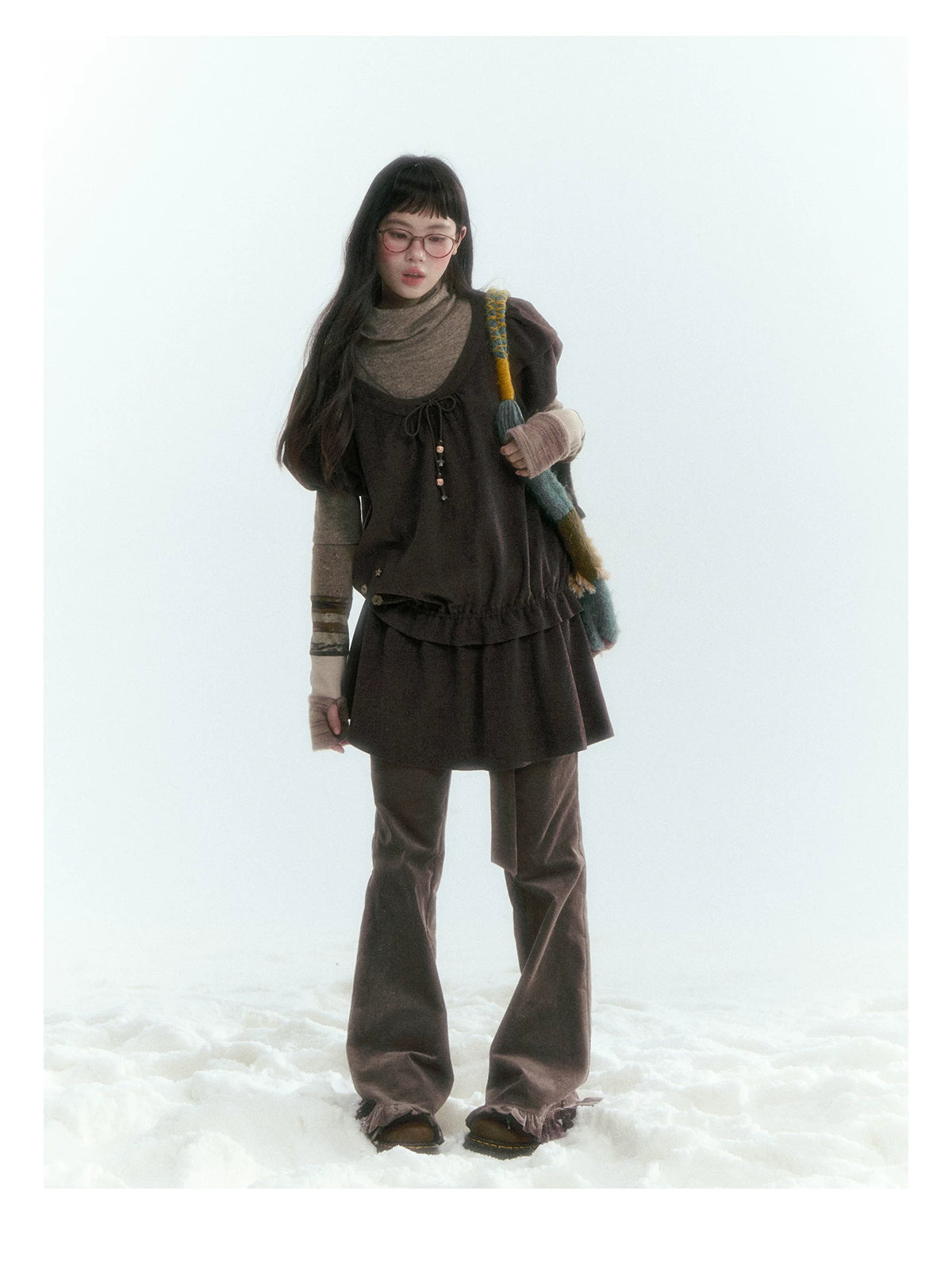 Horridale - Milk Tea Brown Floral Belt Corduroy Flare Pants