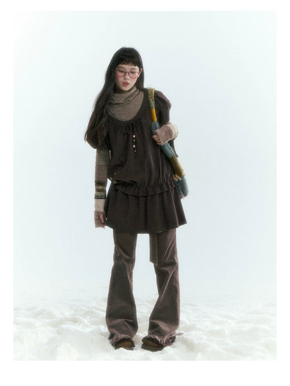 Horridale - Milk Tea Brown Floral Belt Corduroy Flare Pants