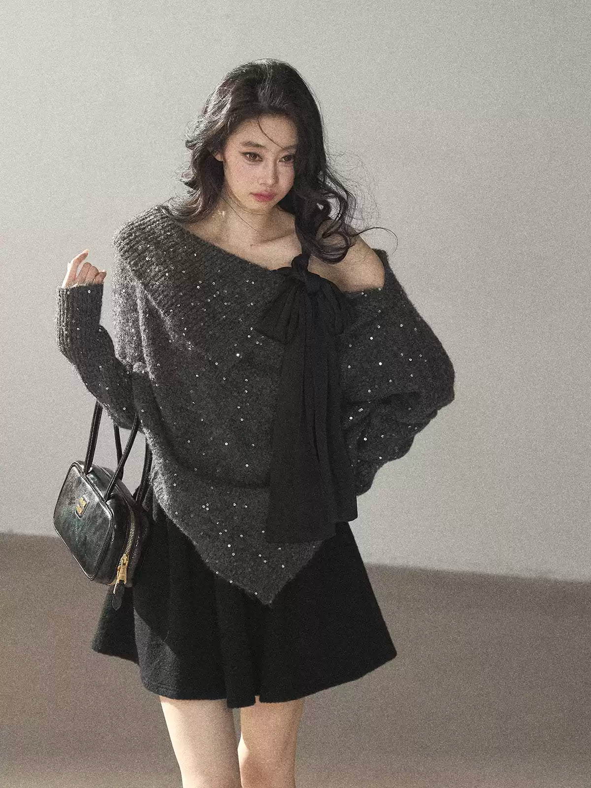 AOMALM - "Starlit Reverie" Sequin Off-Shoulder Sweater with Satin Bow - Paris Gray