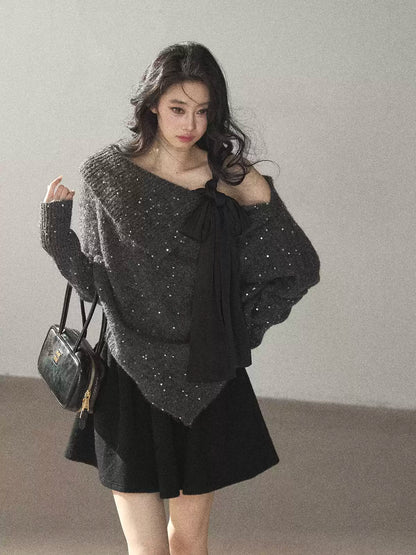 AOMALM - "Starlit Reverie" Sequin Off-Shoulder Sweater with Satin Bow - Paris Gray