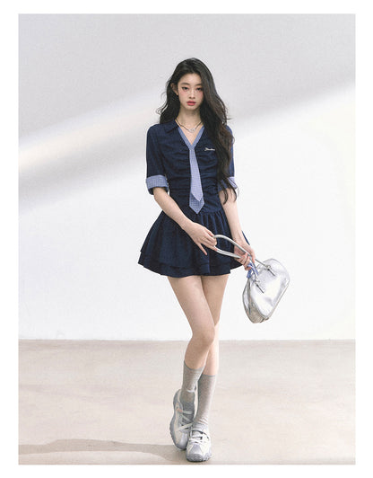 少也眼 "London Chronicle" Structured Plaid Puff-Sleeve Mini Shirt Dress - Navy Blue