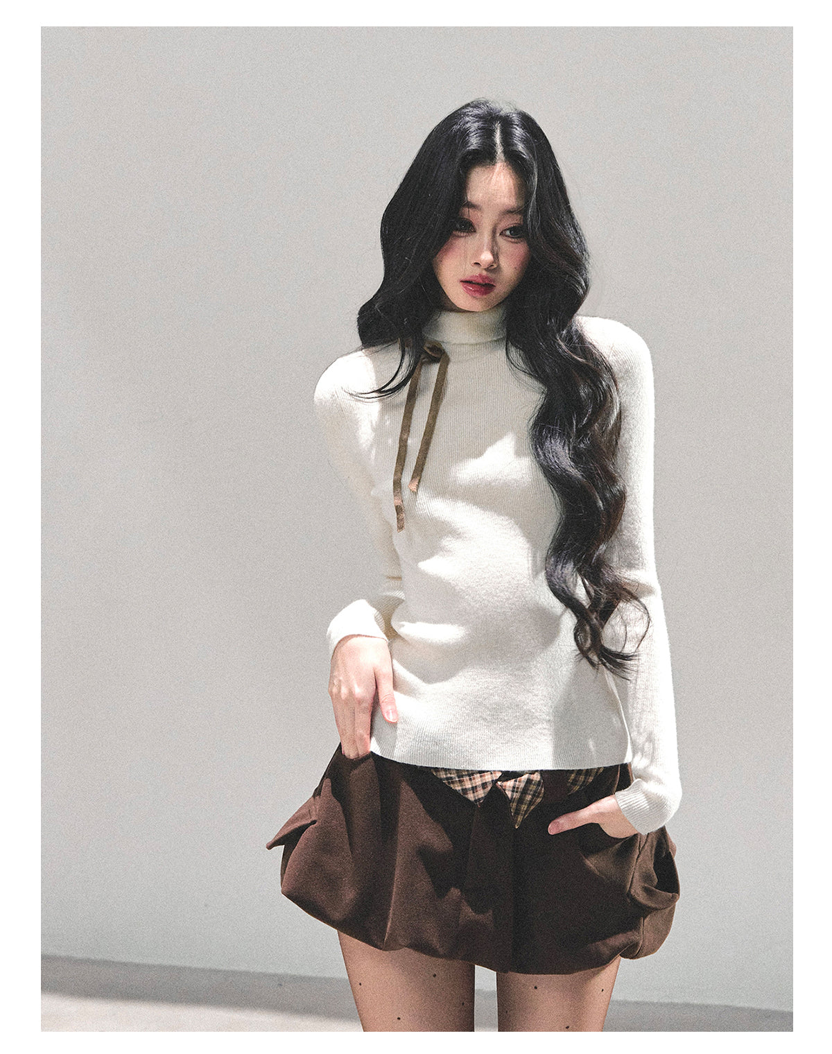 少也眼 “Velvet Touch” Semi-Turtleneck Long Sleeve Knit Top - Almond 586255478