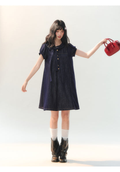 [CAN] "Soft Blue Bubble" Indigo Denim Doll Collar Dress Set
