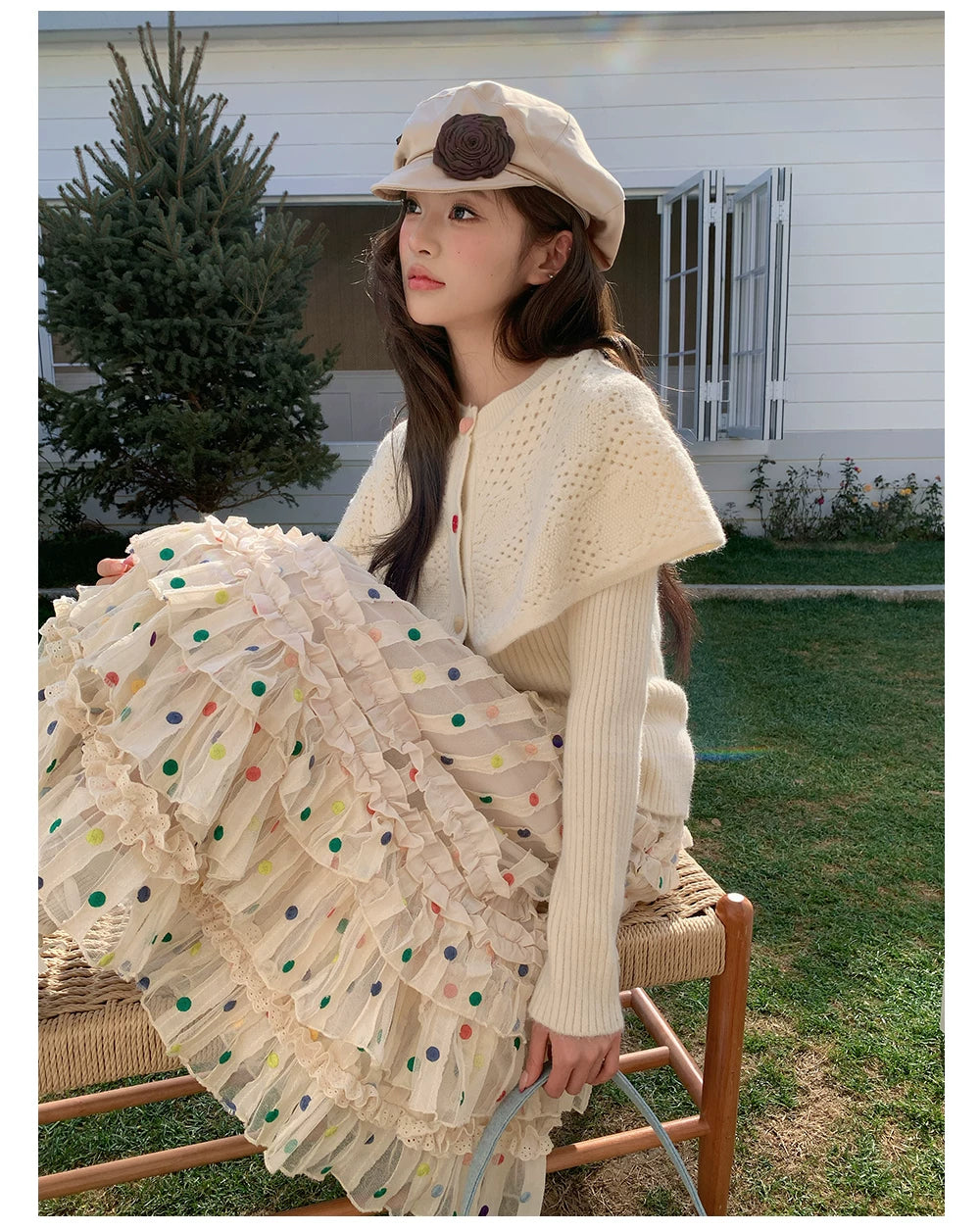 “Starlight Tulle Reverie” Apricot Polka Dot Mesh Skirt