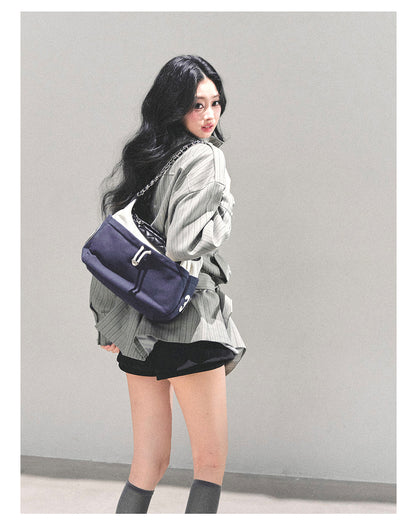 少也眼 “St. Martin Academy” French-British Striped High-Neck Jacket with Belt – Gray 94161
