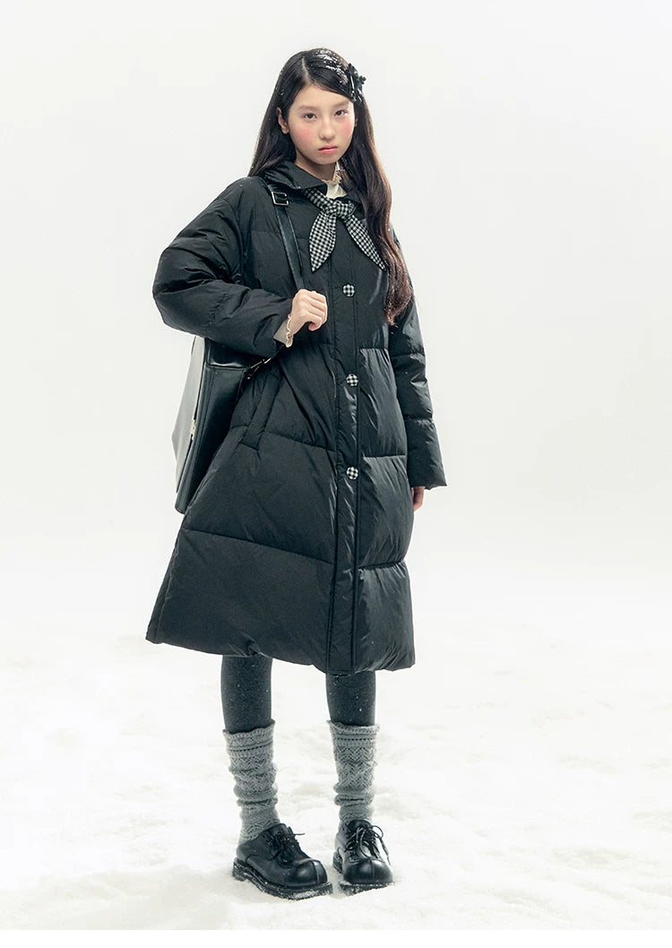 "Starry Night Little Witch" Black Long Down Coat with Detachable Bunny Bow Collar