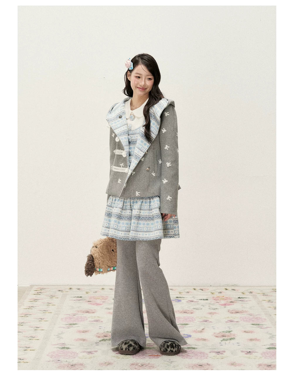 [RF] Heather Gray Vintage Jacquard Hooded Jacket with Frost Mist Blue Details