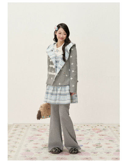 [RF] Heather Gray Vintage Jacquard Hooded Jacket with Frost Mist Blue Details