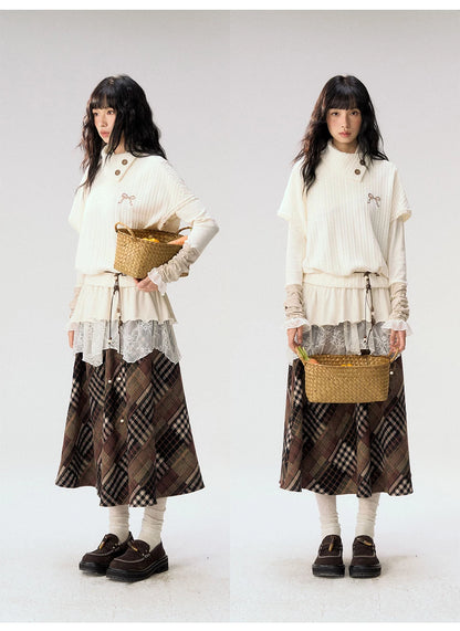 [CAN] "Cloud Knit Reverie" Ivory Cable Knit Bow Embroidered Vest