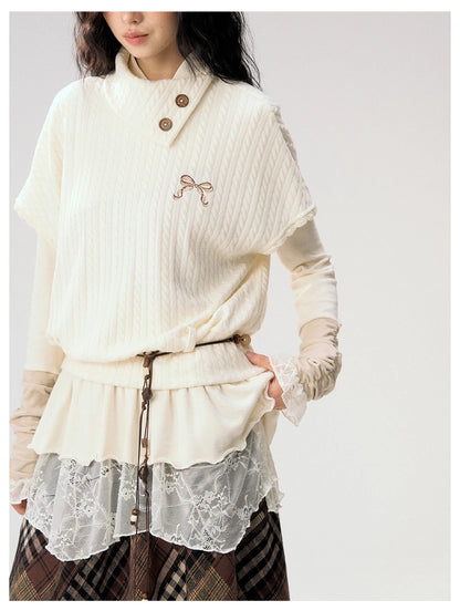 [CAN] "Cloud Knit Reverie" Ivory Cable Knit Bow Embroidered Vest