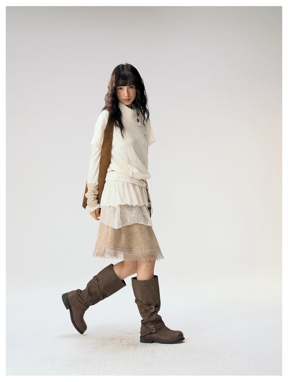 [CAN] "Cloud Knit Reverie" Ivory Cable Knit Bow Embroidered Vest