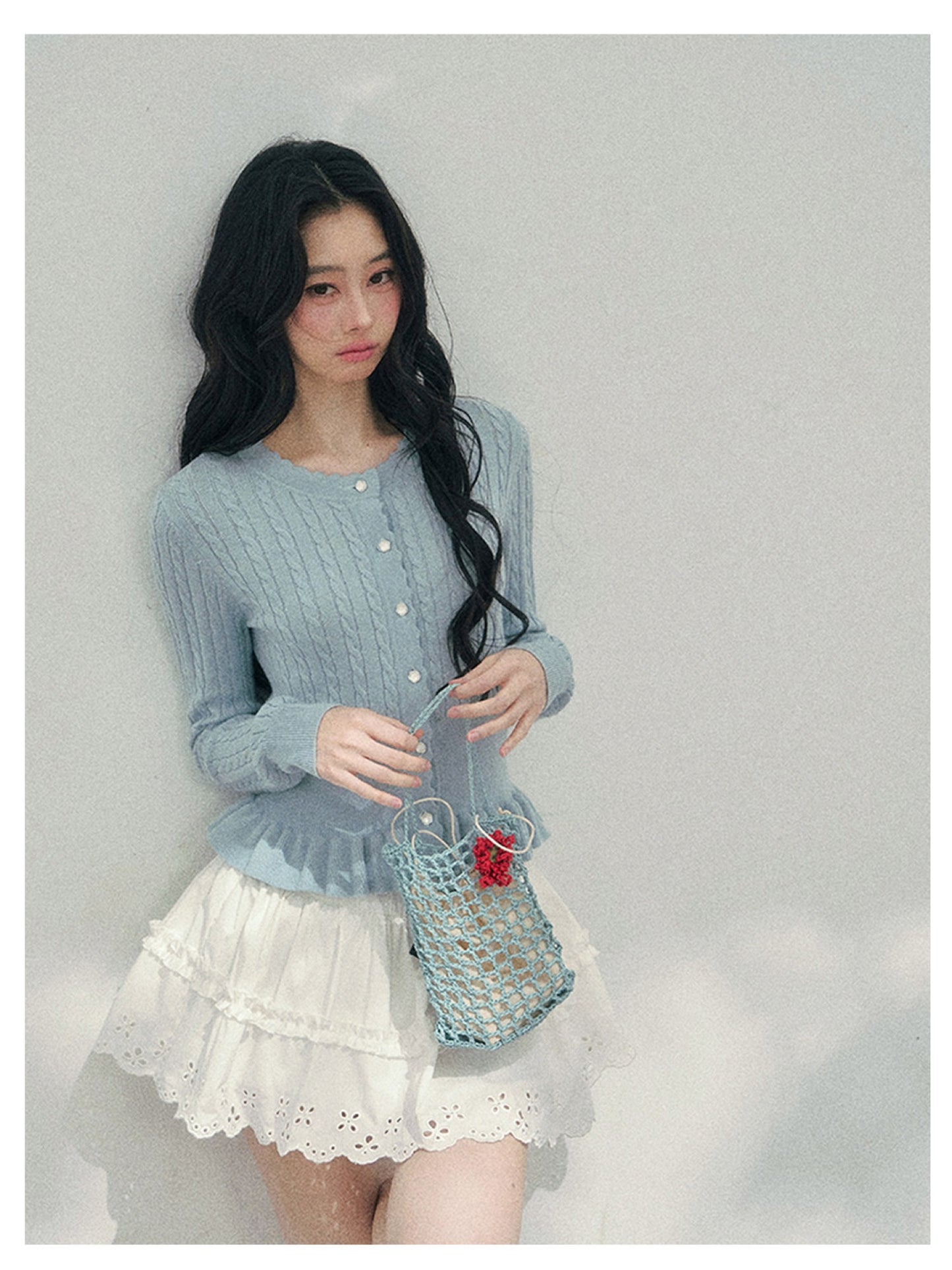 少也眼 “Pearl Whisper” Moonlight Blue Cable-Knit Ruffle-Hem Cropped Cardigan 626586578
