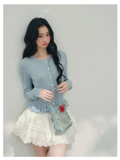 少也眼 “Pearl Whisper” Moonlight Blue Cable-Knit Ruffle-Hem Cropped Cardigan 626586578