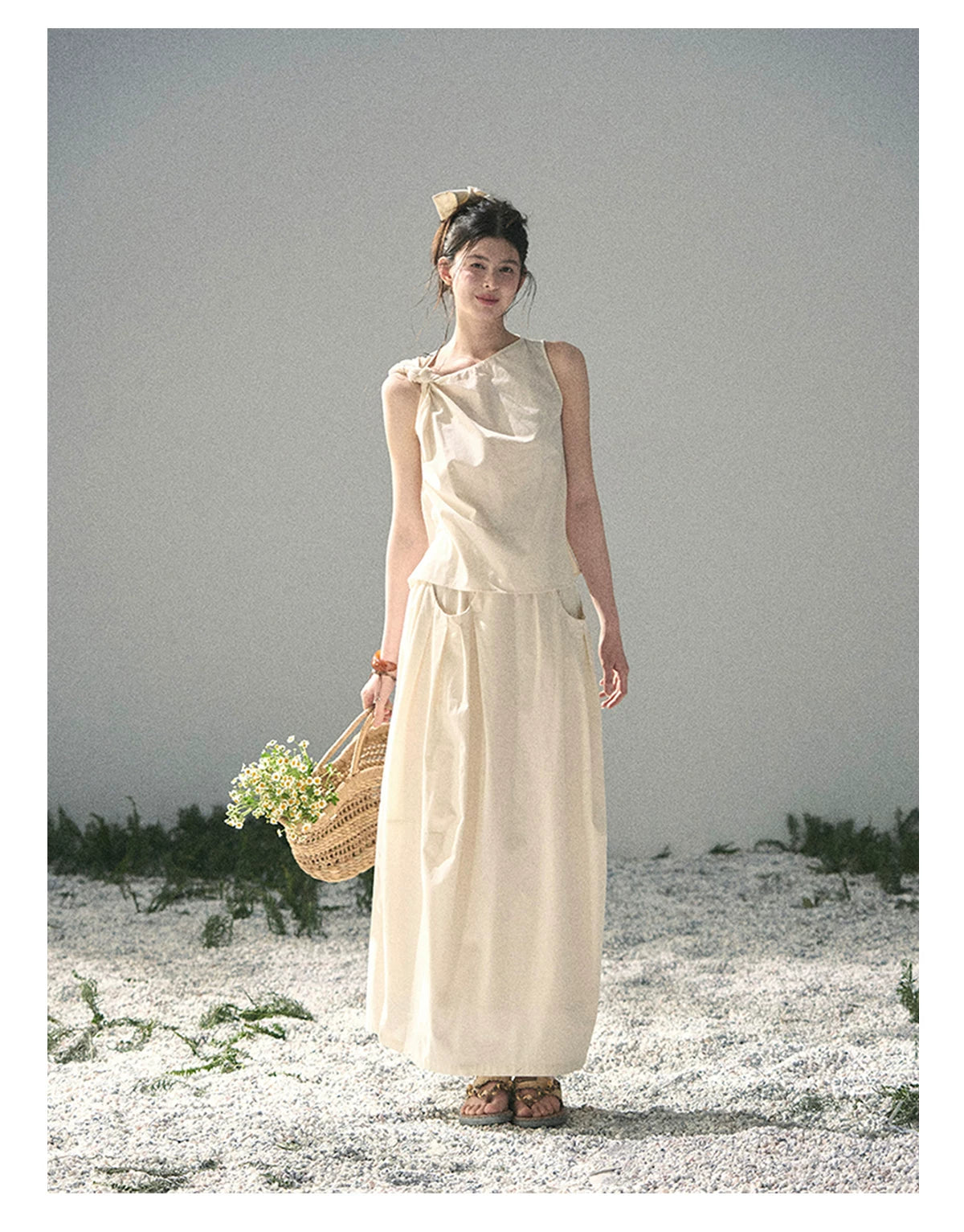 “Ivory Pleated Verse” Soft White Asymmetrical Twist Top & Skirt