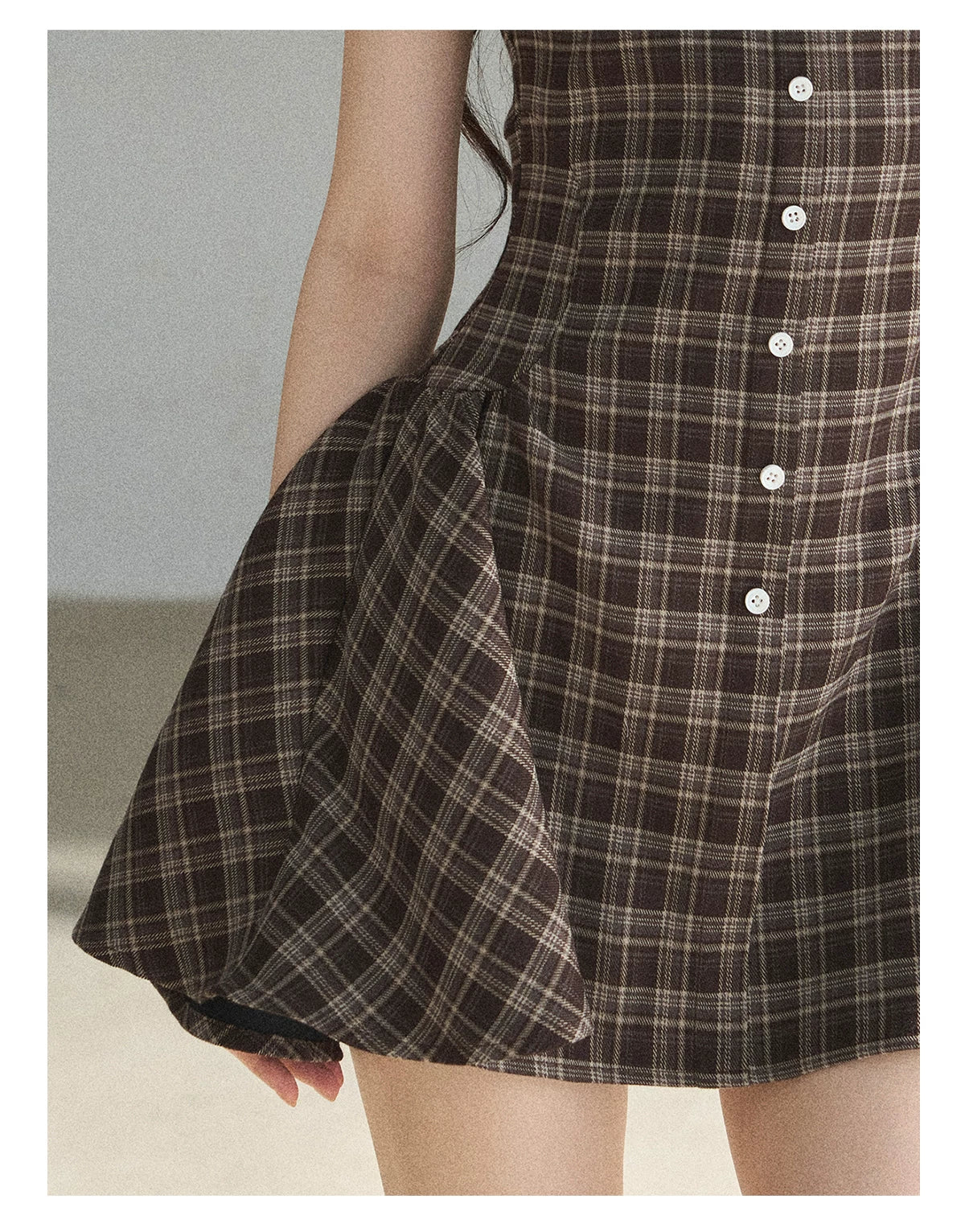 "The Camphor Tree in Late May" Chestnut Brown Plaid Peter Pan Collar Babydoll Mini Dress
