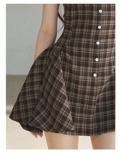 "The Camphor Tree in Late May" Chestnut Brown Plaid Peter Pan Collar Babydoll Mini Dress
