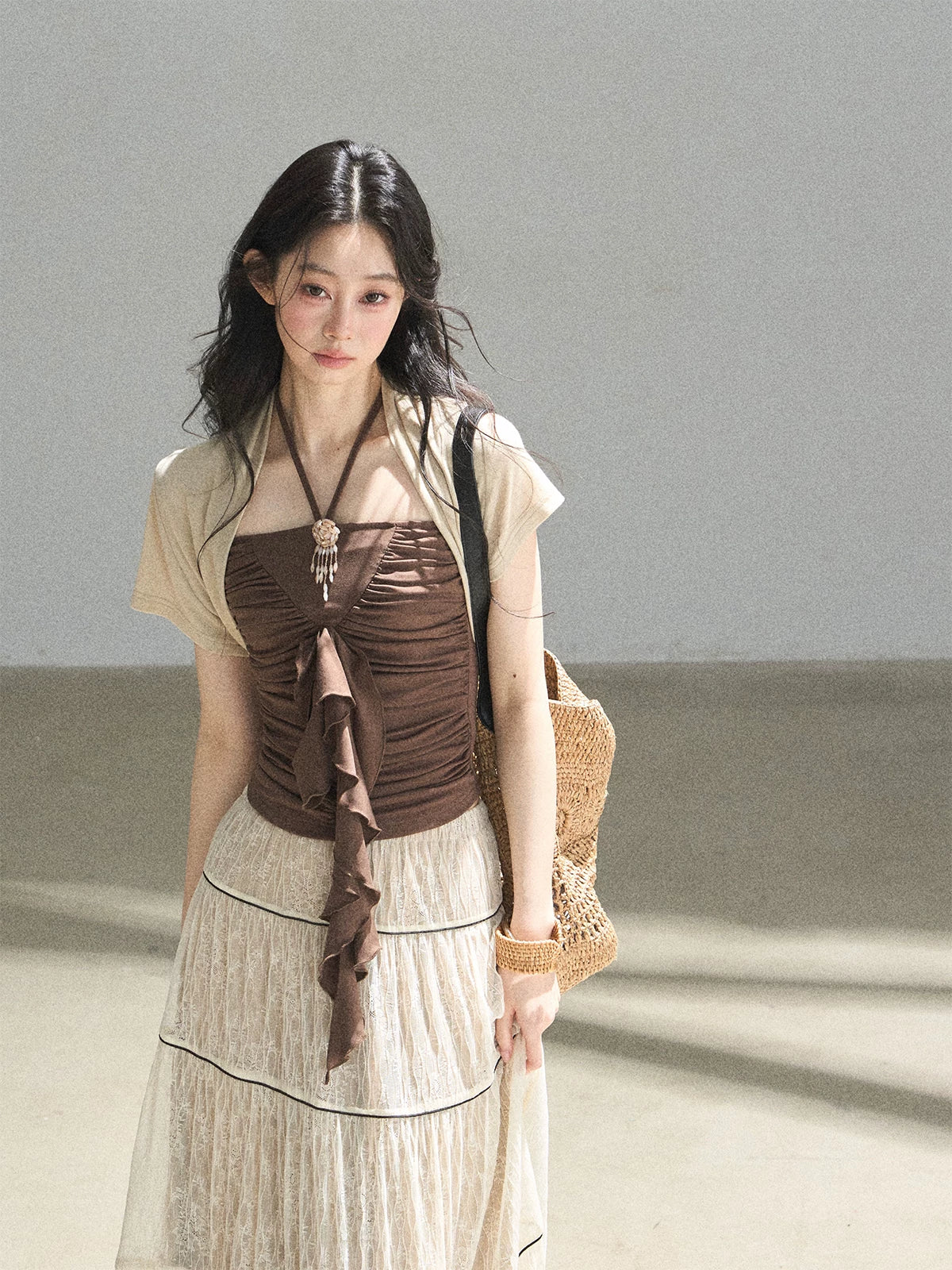"In the Evening Breeze" Chestnut Brown Halter Ruched Top & Milk Tea Shrug Set