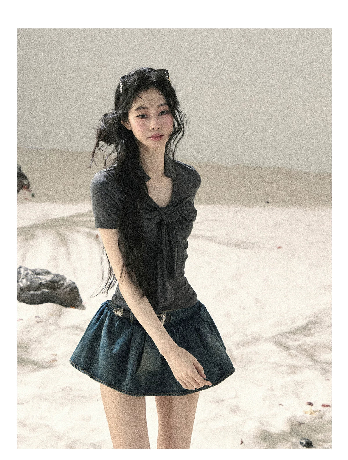 "Breeze Through the Bow" Slate Gray V-Neck Crop Top