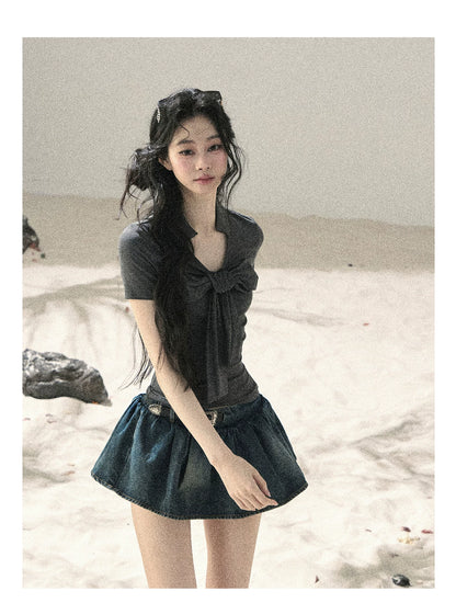 "Breeze Through the Bow" Slate Gray V-Neck Crop Top