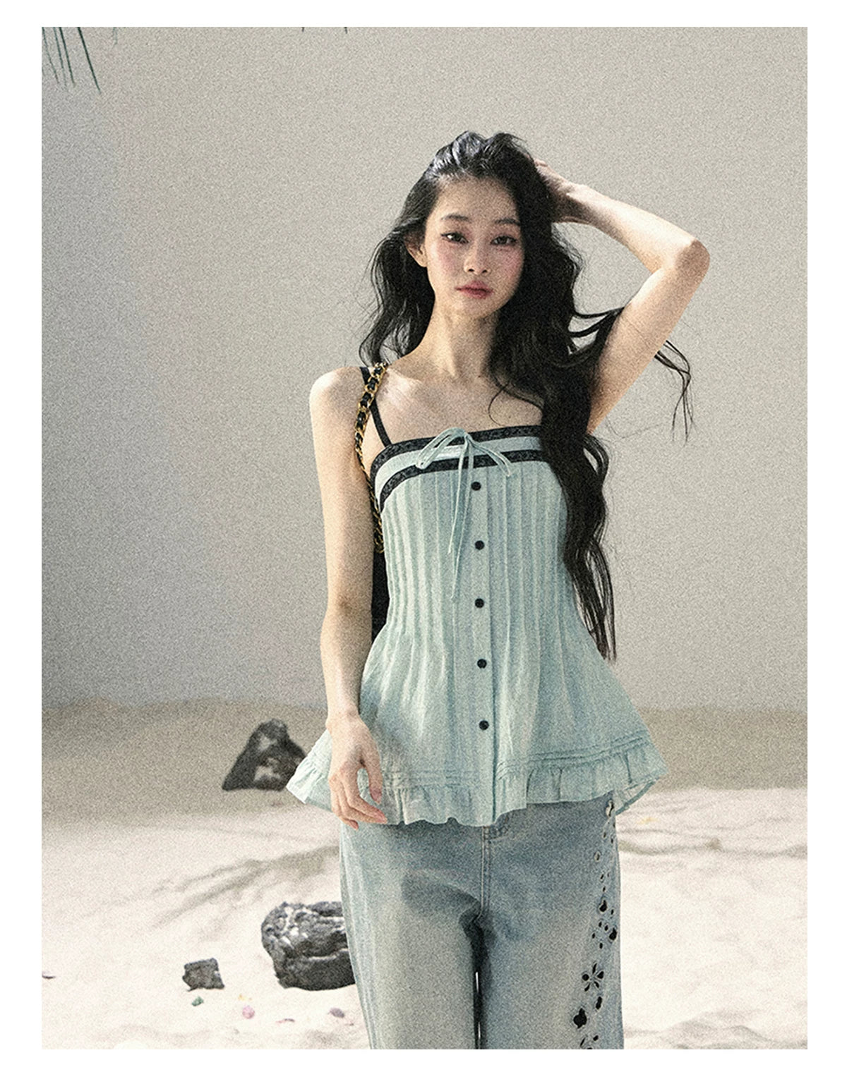 "Sea Breeze Reverie" Misty Sage Lace Off-Shoulder Ruched Top 54352131
