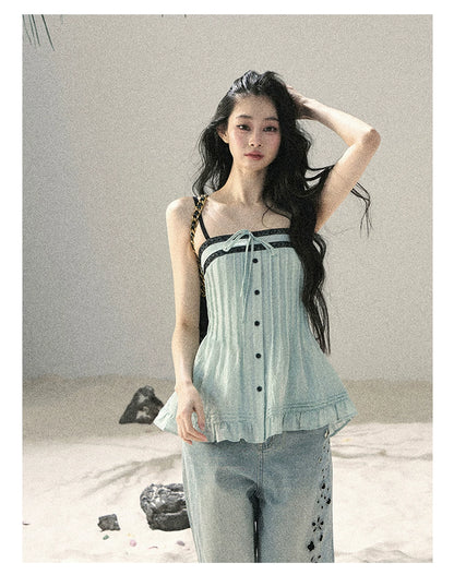 "Sea Breeze Reverie" Misty Sage Lace Off-Shoulder Ruched Top 54352131