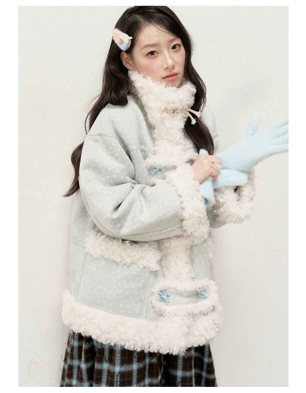 RF - Mist Blue Bow Print Suede-Look Jacket with Cream Curly Faux Fur Trim