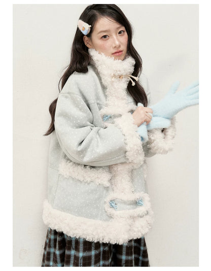 RF - Mist Blue Bow Print Suede-Look Jacket with Cream Curly Faux Fur Trim