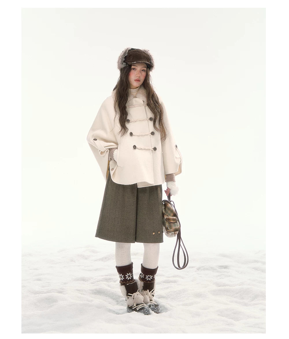 CANSTORE - "Pine Reverie" Ivory Wool-Blend Cape Coat with Faux Fur Collar