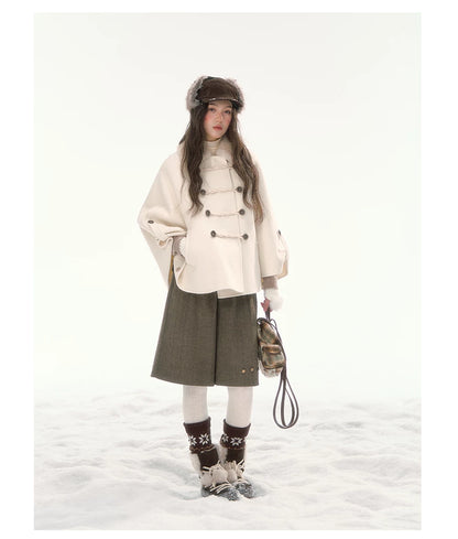 CANSTORE - "Pine Reverie" Ivory Wool-Blend Cape Coat with Faux Fur Collar