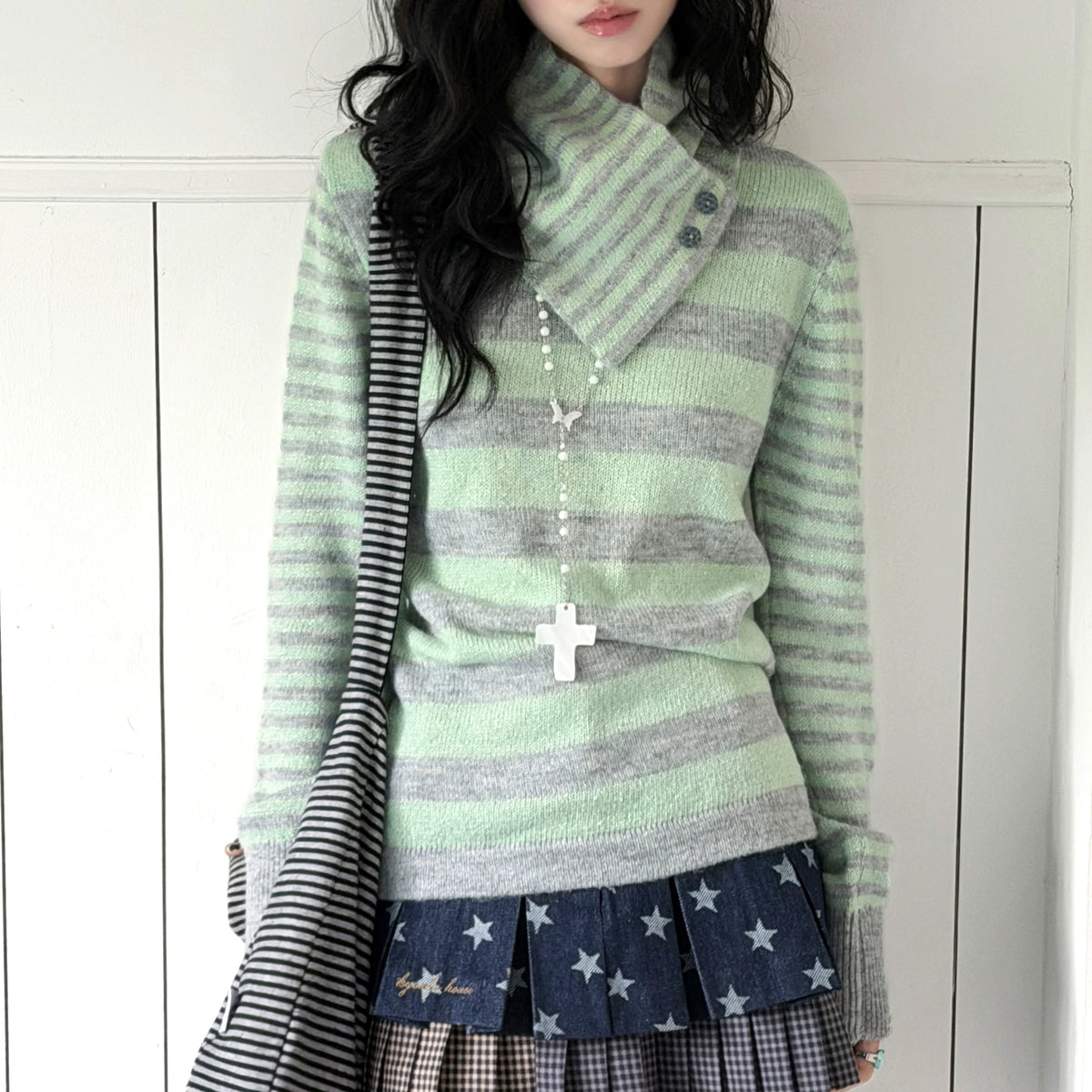 KYOUKO - Mint Green Hooded Knit Cardigan & Striped Top 3-Piece Set