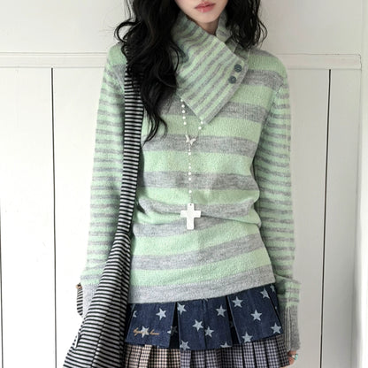 KYOUKO - Mint Green Hooded Knit Cardigan & Striped Top 3-Piece Set