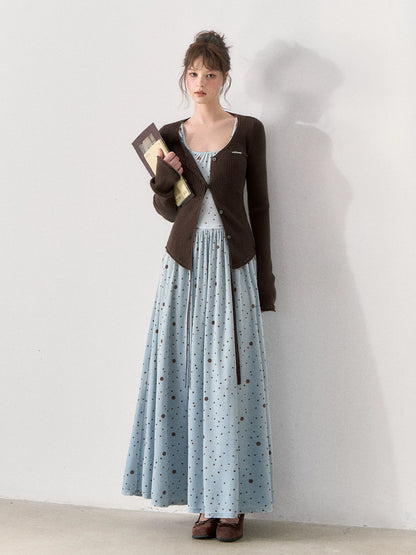 [TMMG] Vintage Polka Dot Velvet Dress & Fitted Ribbed Cardigan Set