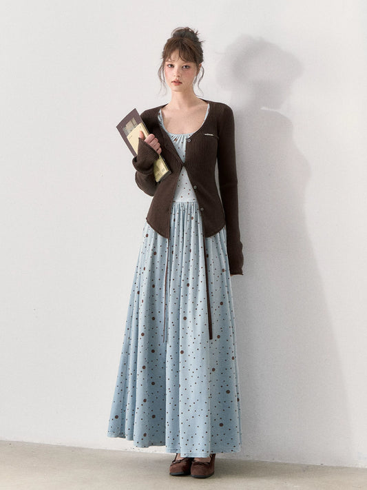 [TMMG] Vintage Polka Dot Velvet Dress & Fitted Ribbed Cardigan Set