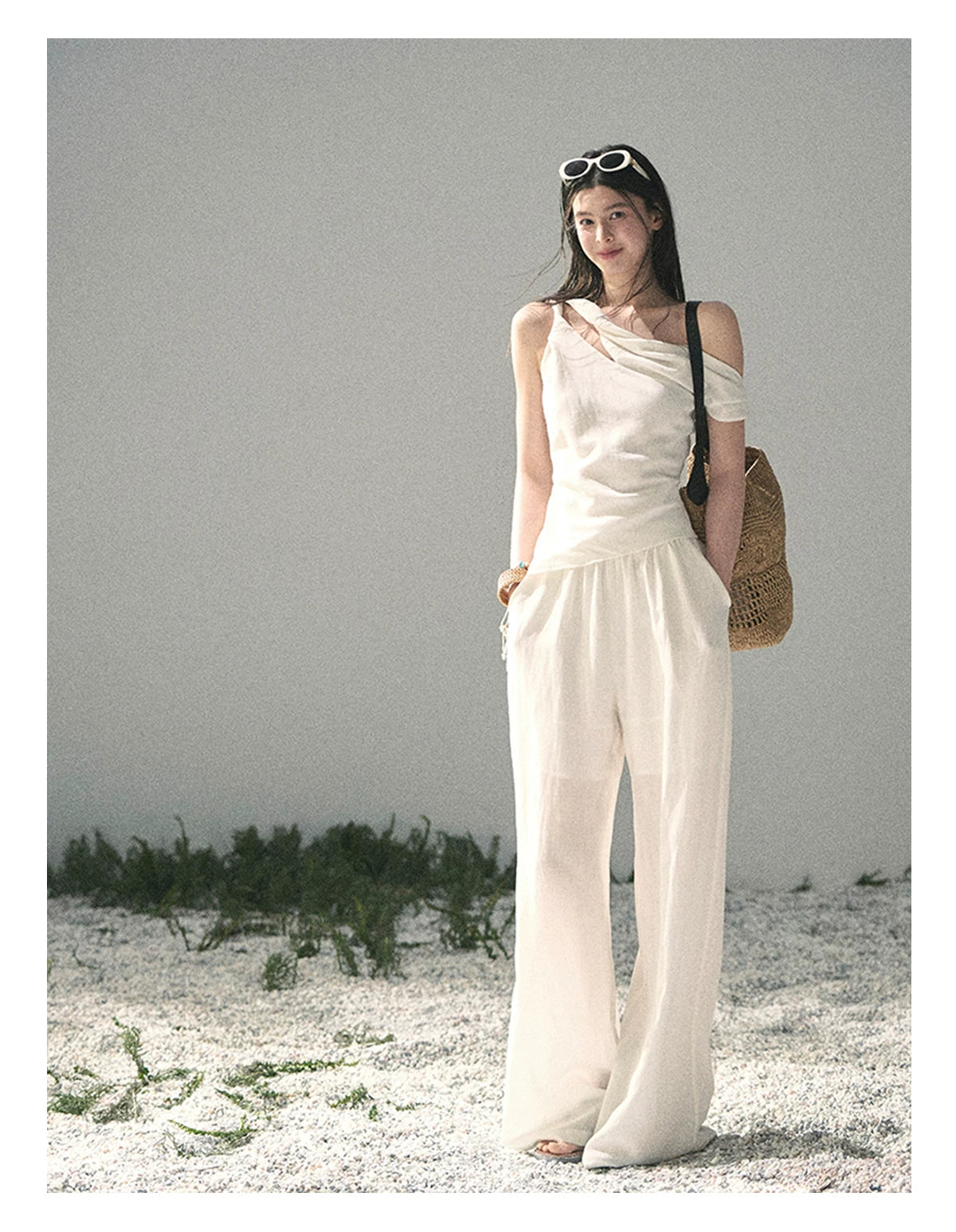 “Cloud Threads Falling at the Shoulder” Ivory Linen-Blend Two-Piece Set