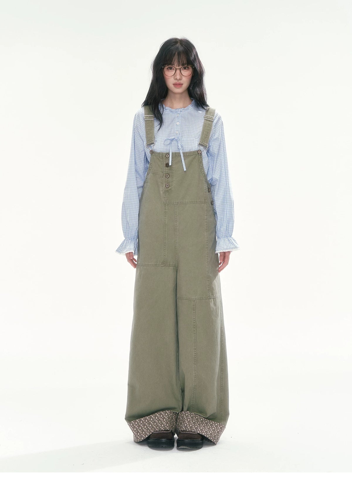 [CAN] Blue Plaid Lace-Trim Bow Tie Blouse