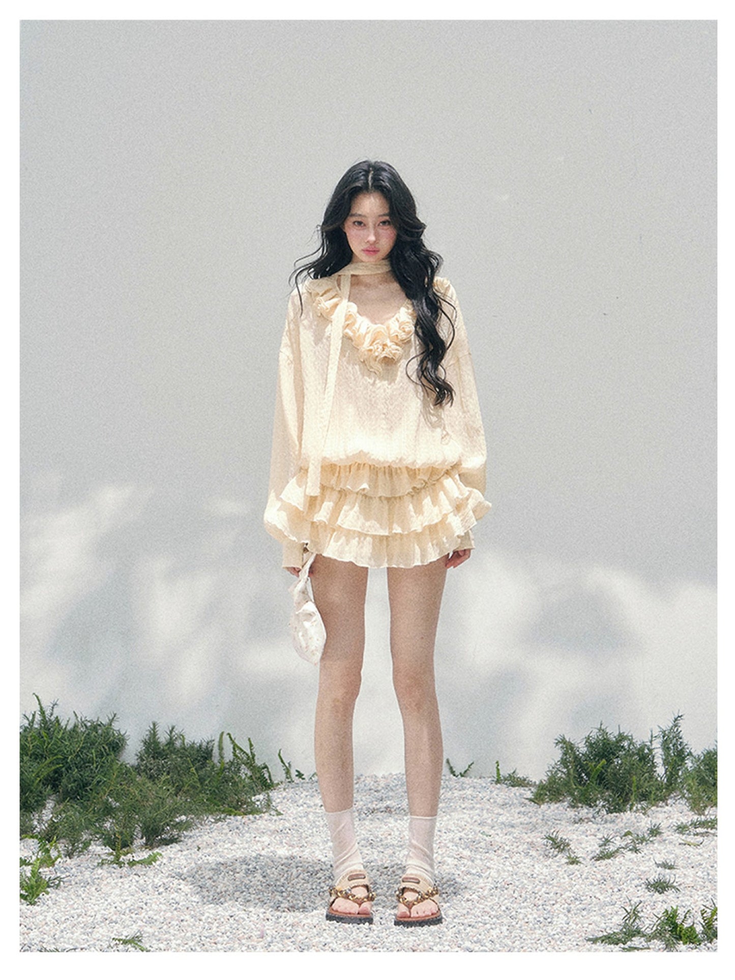 少也眼 “Evening Breeze Skirt” Milkshake Yellow Tiered Chiffon Mini Dress with Scarf Tie & Shorts 534583