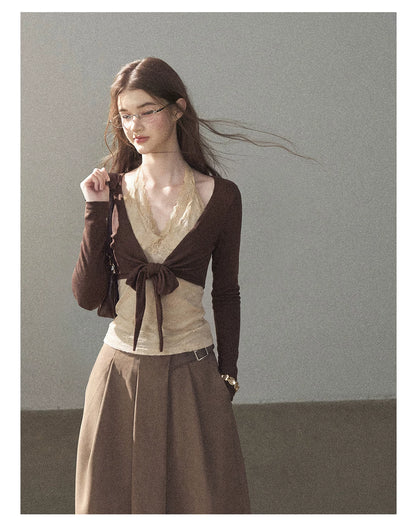 AOMALM - "Tender in This Moment" Rich Cocoa Faux Two-Piece Lace Top