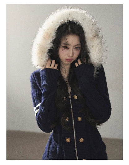 AOMALM - Blue Hooded Cable-Knit Sweater Jacket with White Stripes