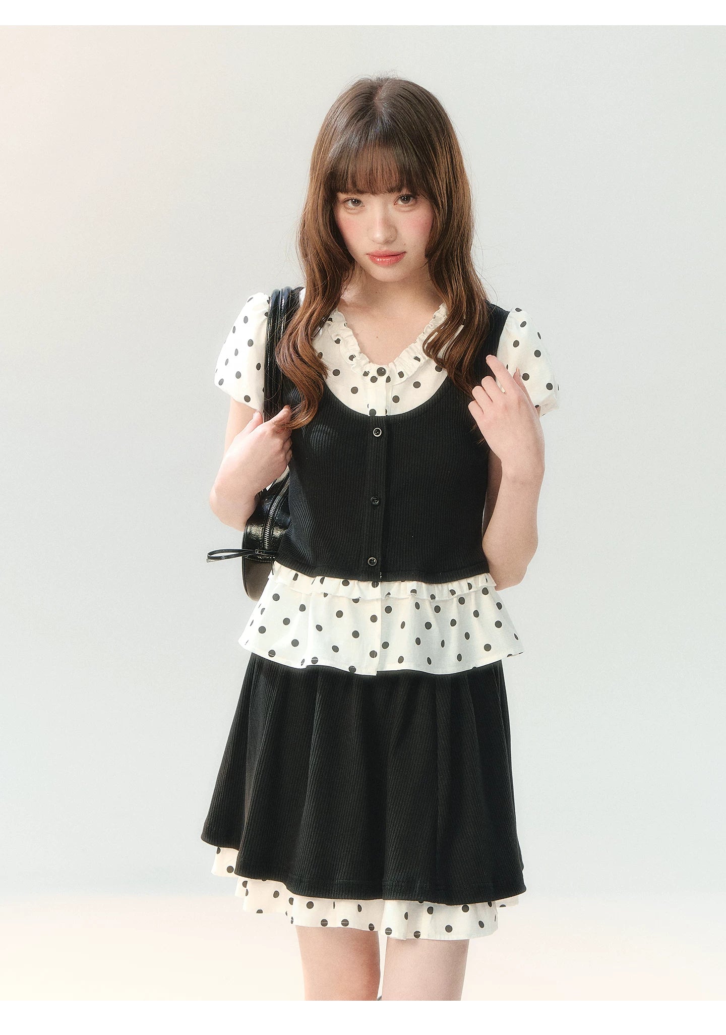 "Black Tea & Cream" Polka Dot Two-Piece Skirt Set SH2026202
