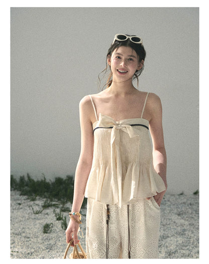 “Breeze Over Pleats” Cream Ribbon Camisole Top