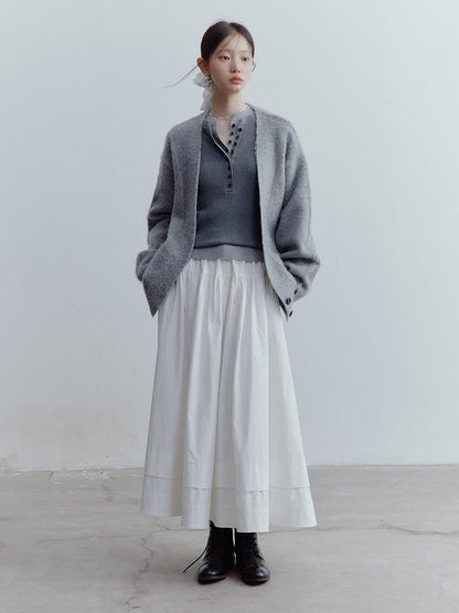 FUSSED Lazy Furry Mist Gray Wool & Mohair V-Neck Cardigan FOF-25SS177