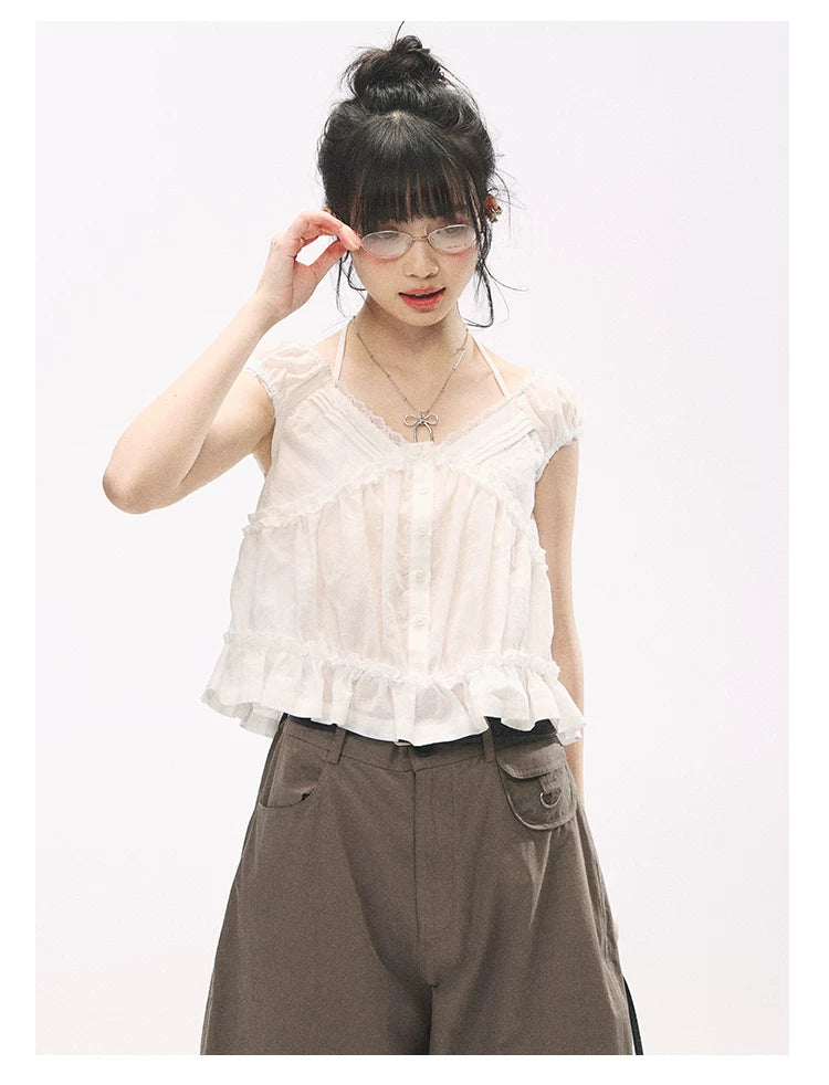 "French Meadow Romance" Ivory Lace Trim Halter Tie V-Neck Cotton Blouse